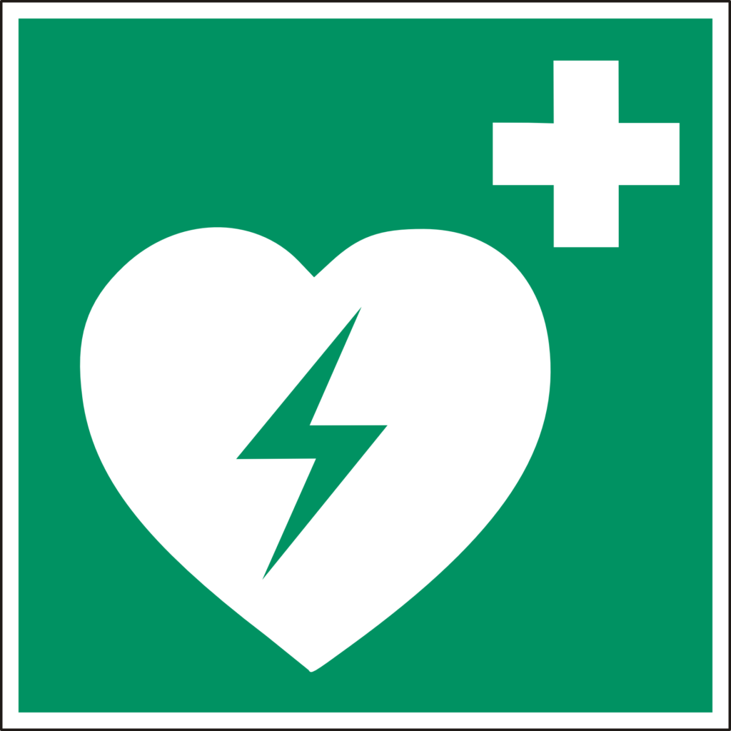 Symbol für deinen Defibrillator (grünes Schild mit einem Herz, in dem ein Blitz ist, und ein kleines Kreuz in der rechten oberen Ecke)